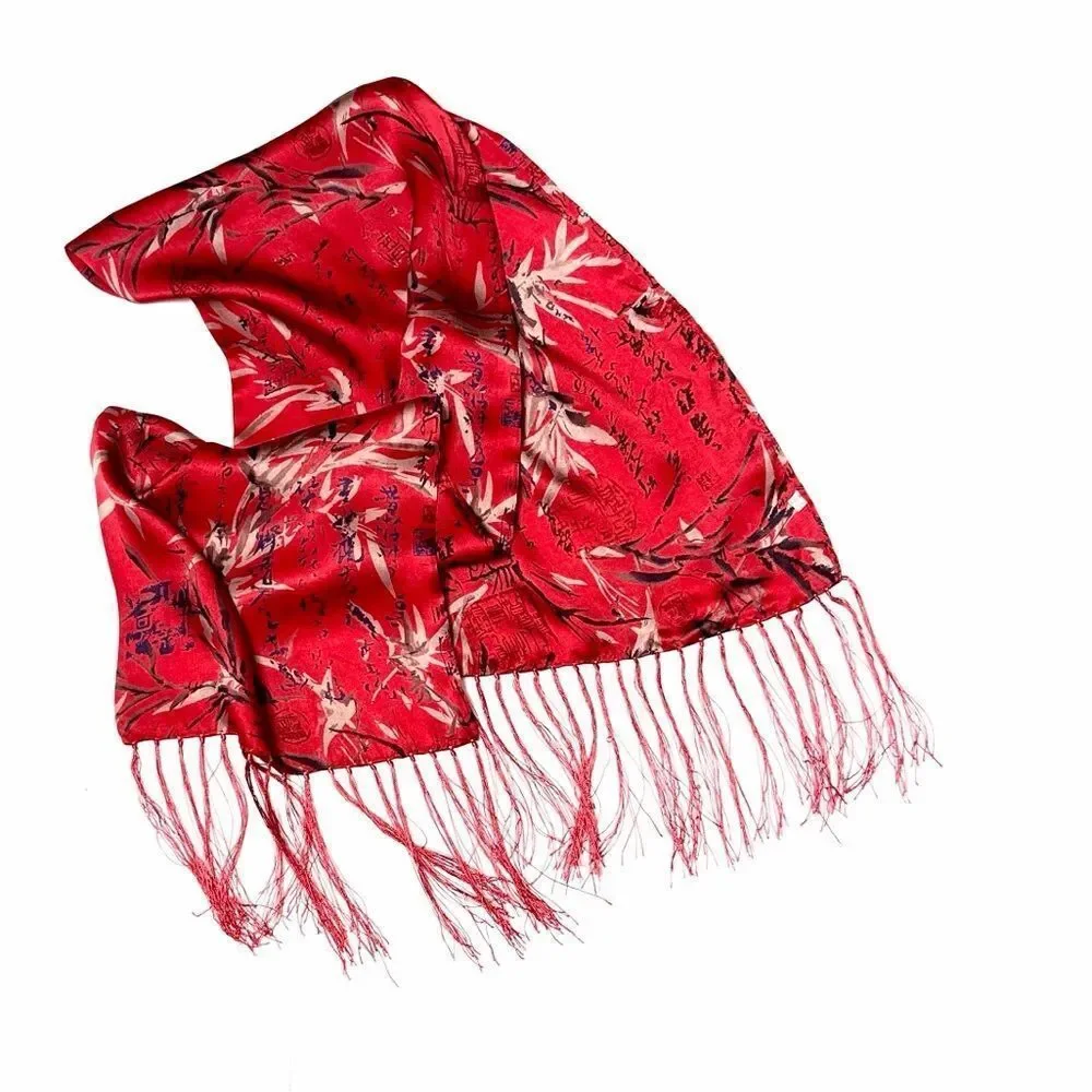 Men's Red Doubled Silk Scarf Hieroglyphs and Floral Bamboo Design Fringed